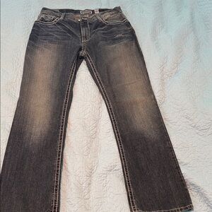 NWT INC Dark Wash Blue Straight Jeans embellished back pockets sz 34x32